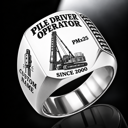 Silver personalized PMx25 pile driver operator signet ring with original unbranded machinery, CUSTOM NAME and SINCE 2000.