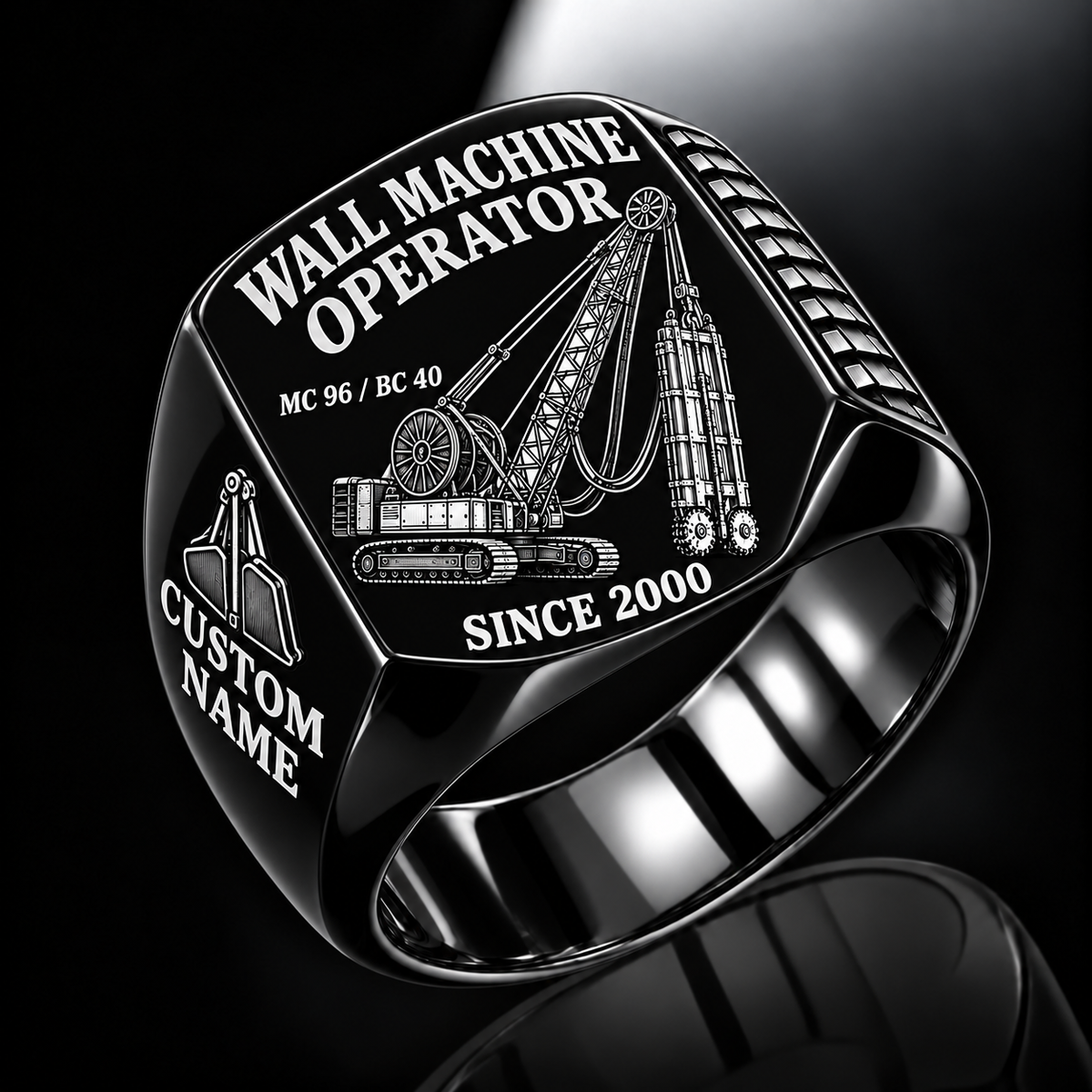 Black personalized MC 96 / BC 40 diaphragm wall operator signet ring with original unbranded machinery, CUSTOM NAME and SINCE 2000.