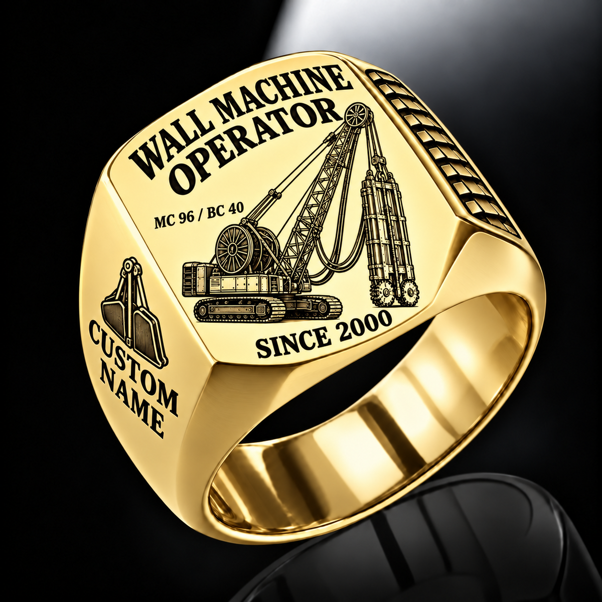 Gold personalized MC 96 / BC 40 diaphragm wall operator signet ring with original unbranded machinery, CUSTOM NAME and SINCE 2000.