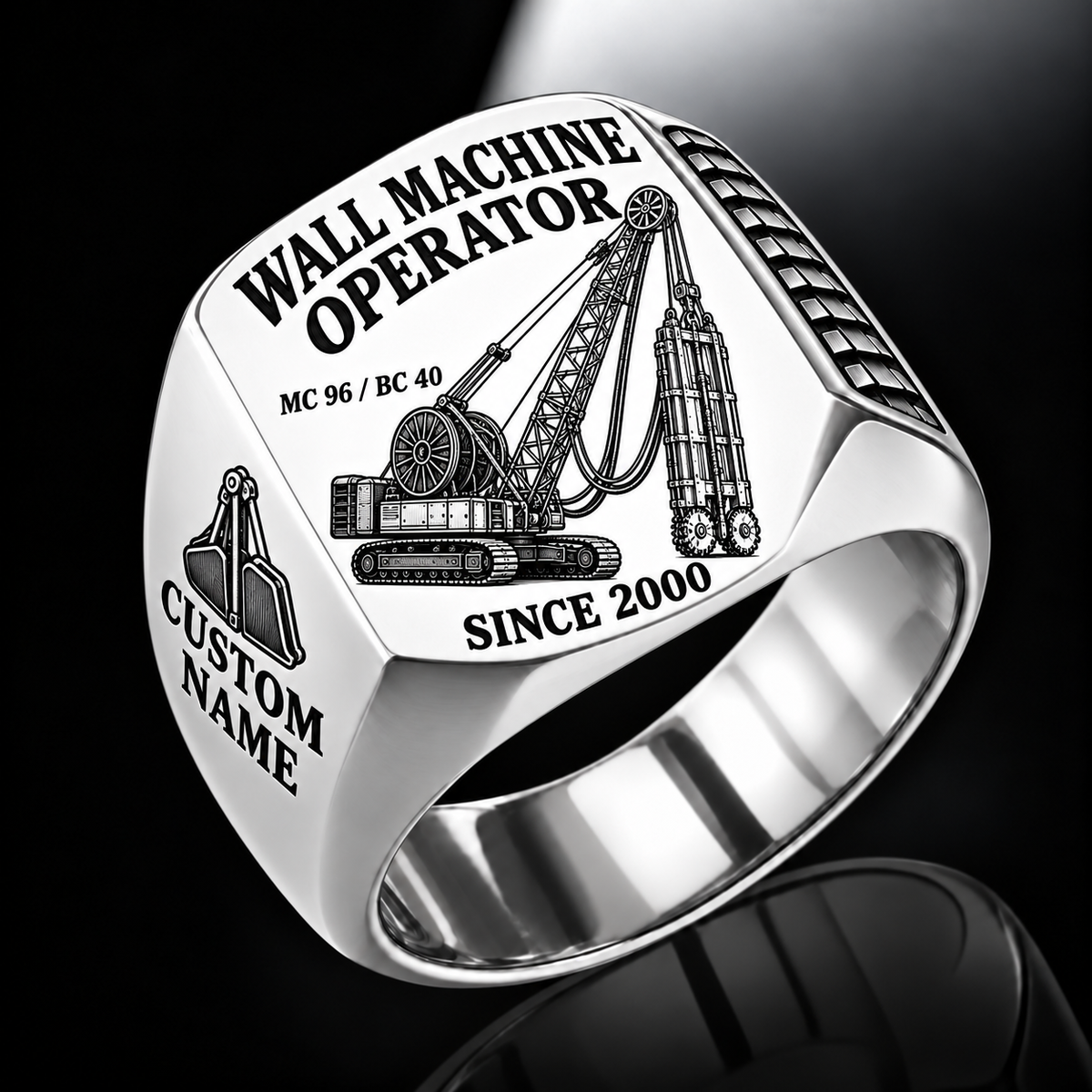 Silver personalized MC 96 / BC 40 diaphragm wall operator signet ring with original unbranded machinery, CUSTOM NAME and SINCE 2000.