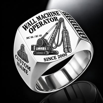 Silver personalized MC 96 / BC 40 diaphragm wall operator signet ring with original unbranded machinery, CUSTOM NAME and SINCE 2000.