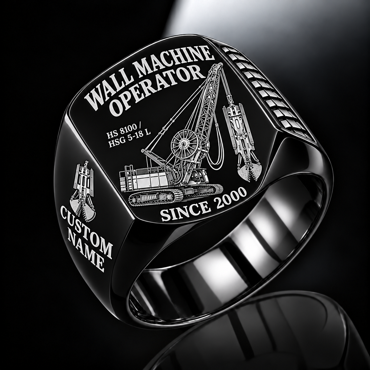 Black personalized HS 8100 / HSG 5-18 L diaphragm wall operator signet ring with original unbranded machinery, CUSTOM NAME and SINCE 2000.