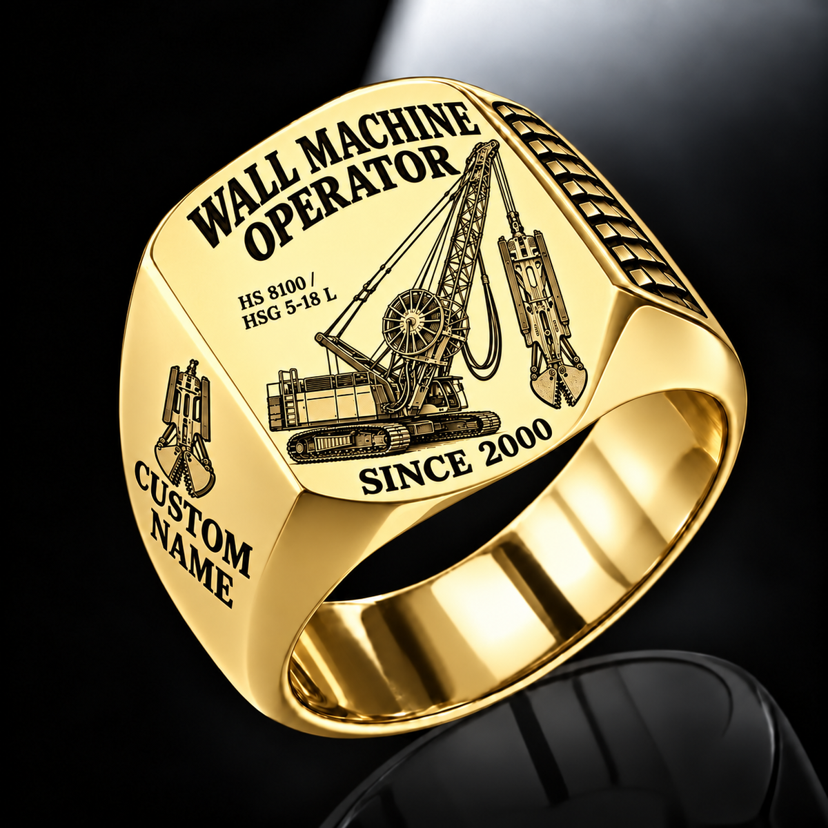 Gold personalized HS 8100 / HSG 5-18 L diaphragm wall operator signet ring with original unbranded machinery, CUSTOM NAME and SINCE 2000.