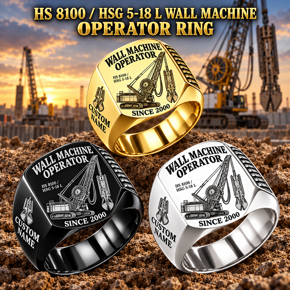 Hero personalized HS 8100 / HSG 5-18 L diaphragm wall operator signet ring with original unbranded machinery, CUSTOM NAME and SINCE 2000.