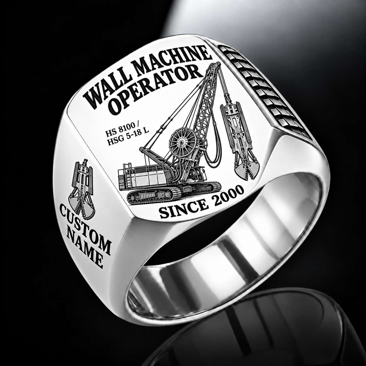 Silver personalized HS 8100 / HSG 5-18 L diaphragm wall operator signet ring with original unbranded machinery, CUSTOM NAME and SINCE 2000.