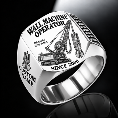 Silver personalized HS 8100 / HSG 5-18 L diaphragm wall operator signet ring with original unbranded machinery, CUSTOM NAME and SINCE 2000.