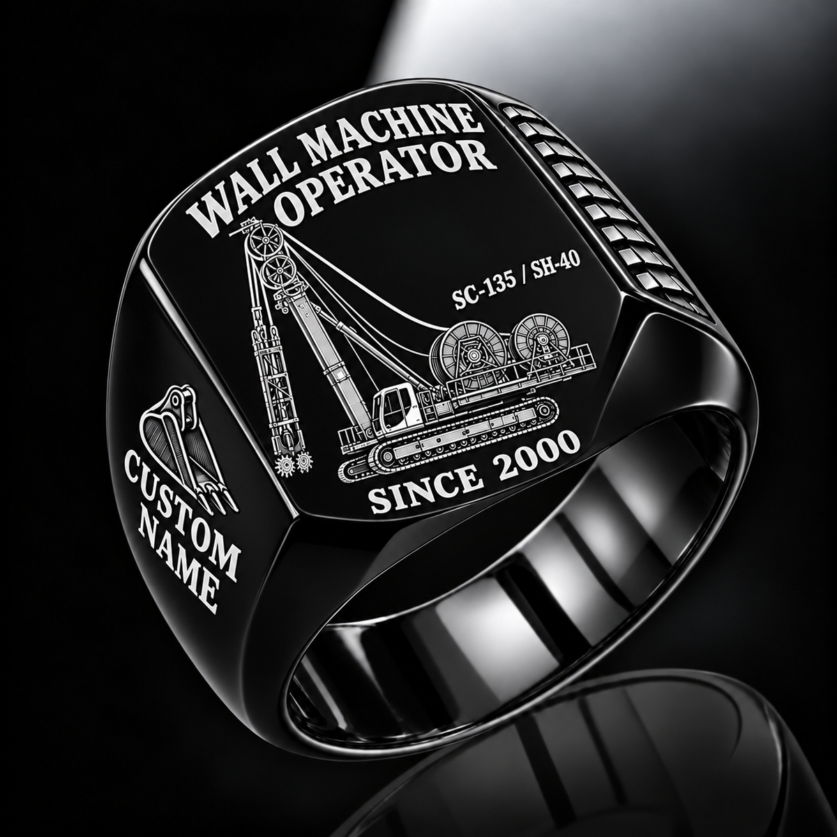 Black personalized SC-135 / SH-40 diaphragm wall operator signet ring with original unbranded machinery, CUSTOM NAME and SINCE 2000.