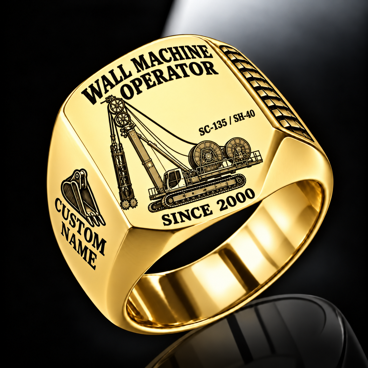 Gold personalized SC-135 / SH-40 diaphragm wall operator signet ring with original unbranded machinery, CUSTOM NAME and SINCE 2000.