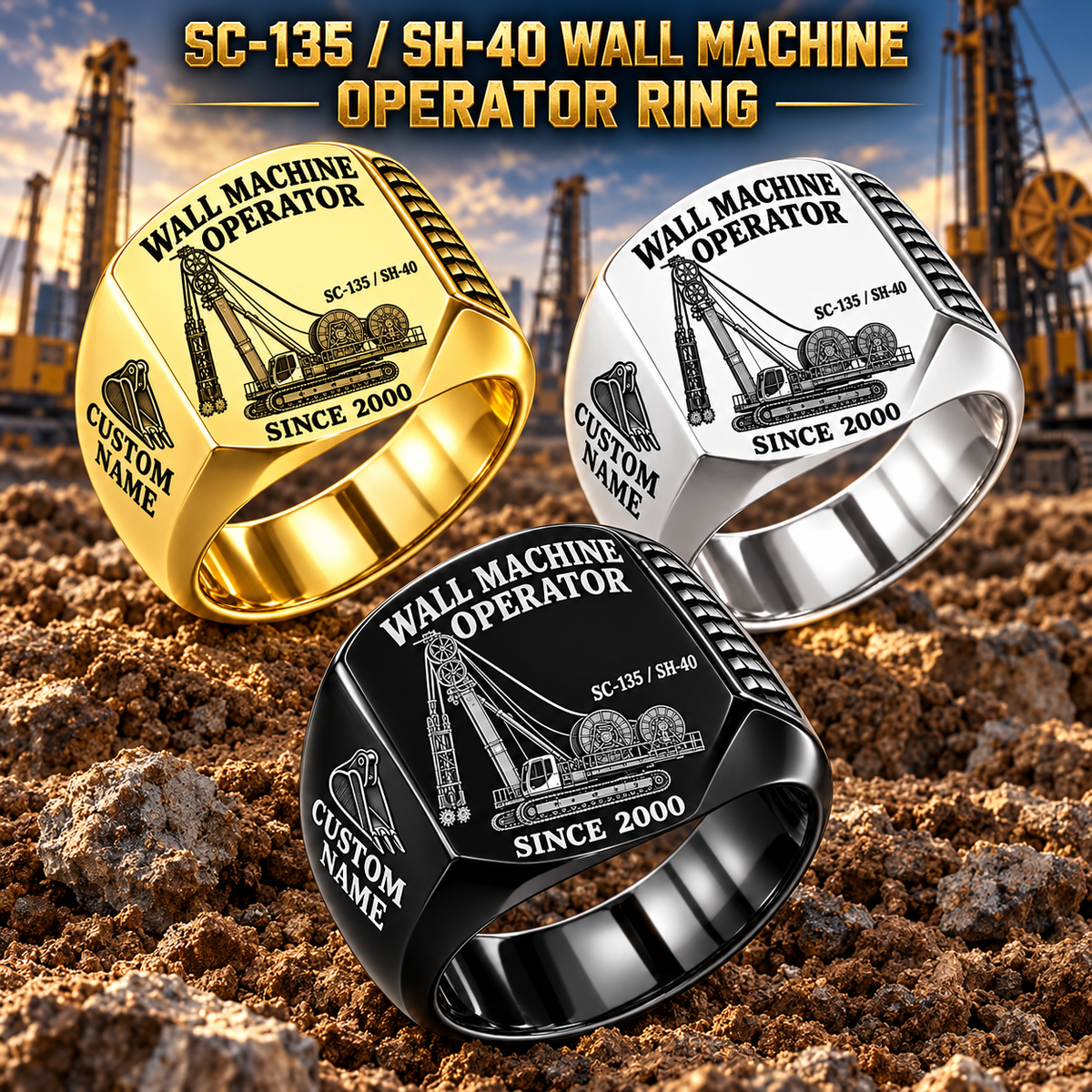 Hero personalized SC-135 / SH-40 diaphragm wall operator signet ring with original unbranded machinery, CUSTOM NAME and SINCE 2000.