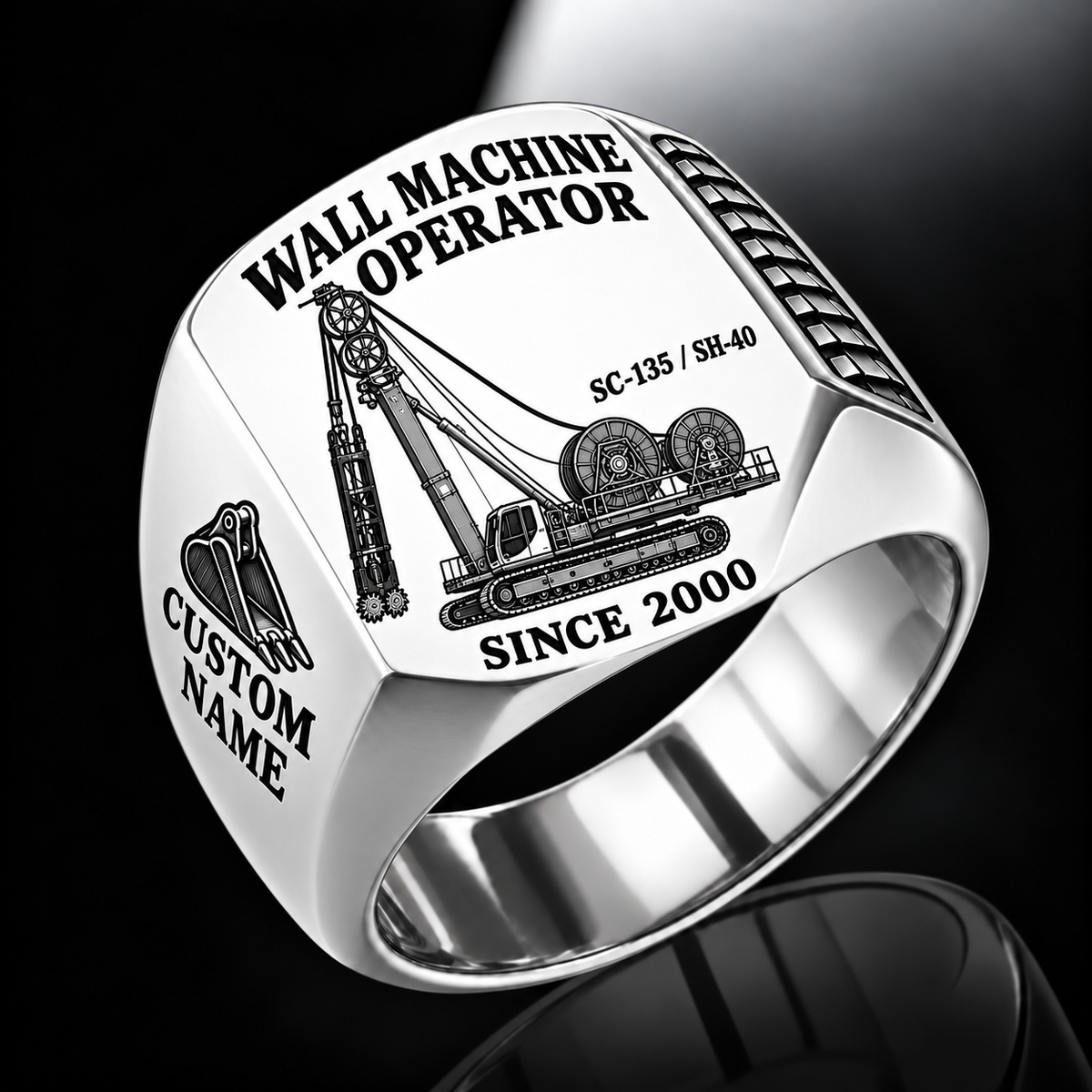 Silver personalized SC-135 / SH-40 diaphragm wall operator signet ring with original unbranded machinery, CUSTOM NAME and SINCE 2000.