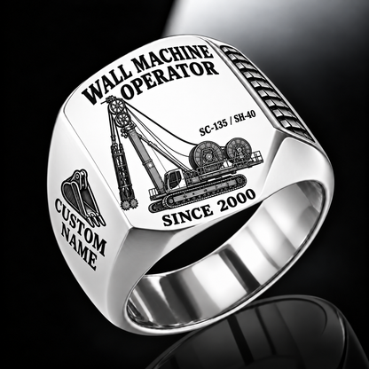 Silver personalized SC-135 / SH-40 diaphragm wall operator signet ring with original unbranded machinery, CUSTOM NAME and SINCE 2000.