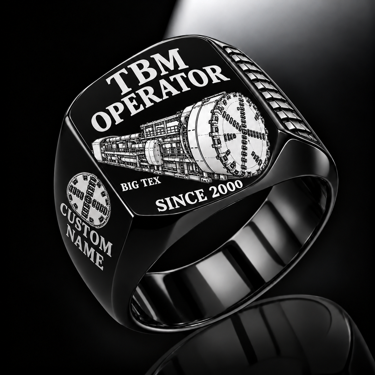 Black personalized BIG TEX tunnel boring machine operator signet ring with original unbranded machinery, CUSTOM NAME and SINCE 2000.