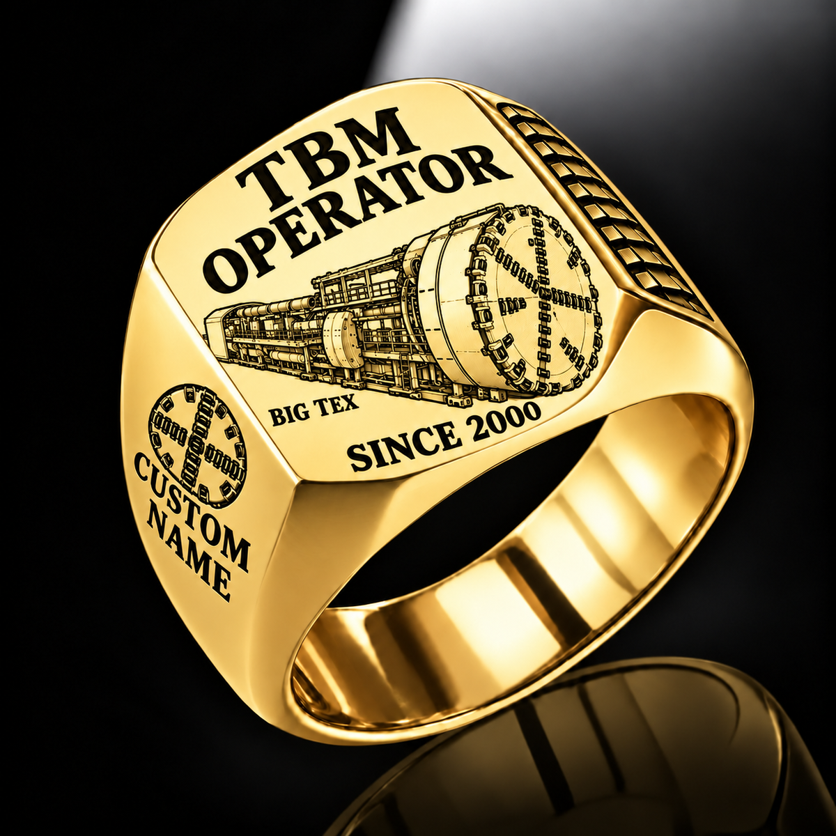 Gold personalized BIG TEX tunnel boring machine operator signet ring with original unbranded machinery, CUSTOM NAME and SINCE 2000.