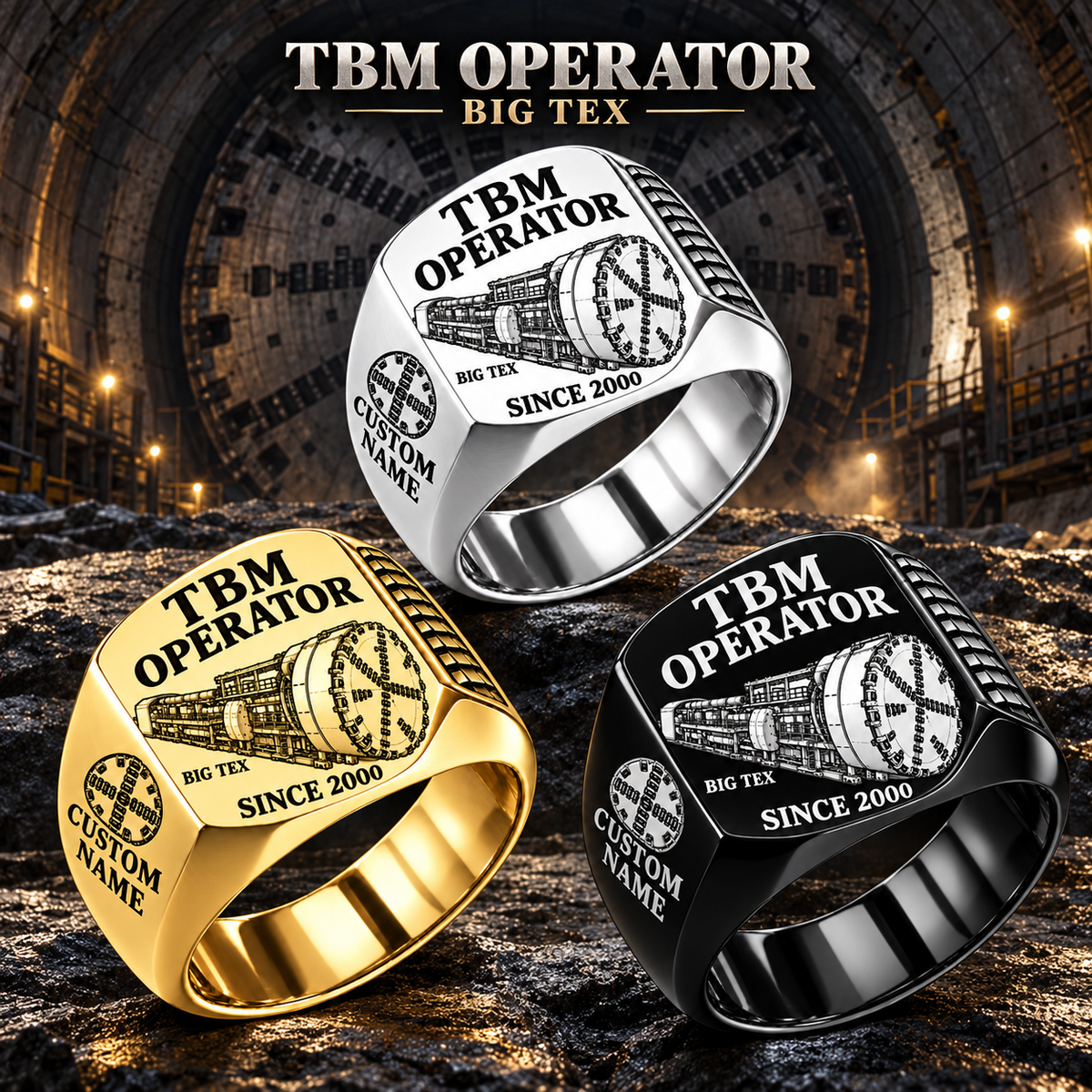 Hero personalized BIG TEX tunnel boring machine operator signet ring with original unbranded machinery, CUSTOM NAME and SINCE 2000.