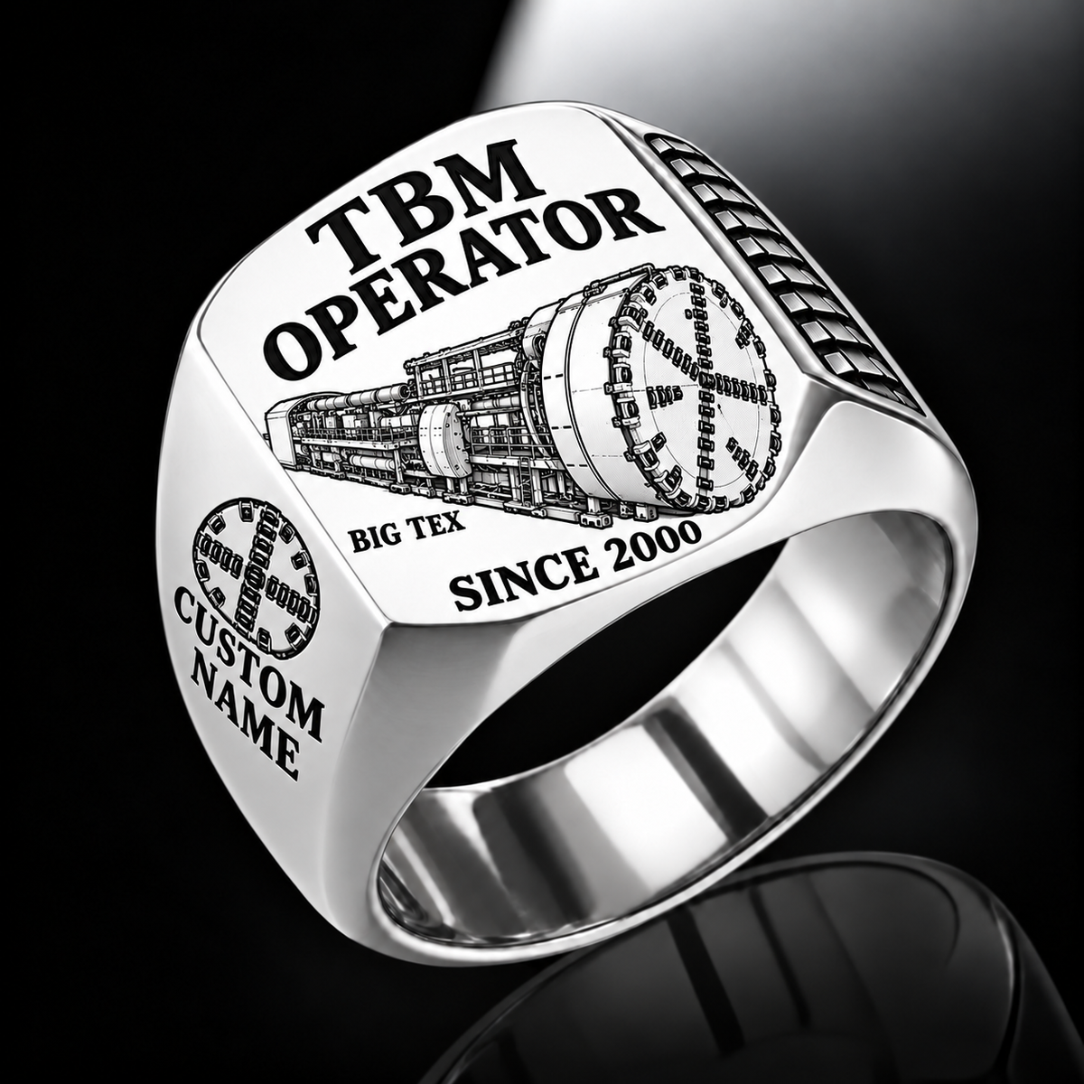 Silver personalized BIG TEX tunnel boring machine operator signet ring with original unbranded machinery, CUSTOM NAME and SINCE 2000.