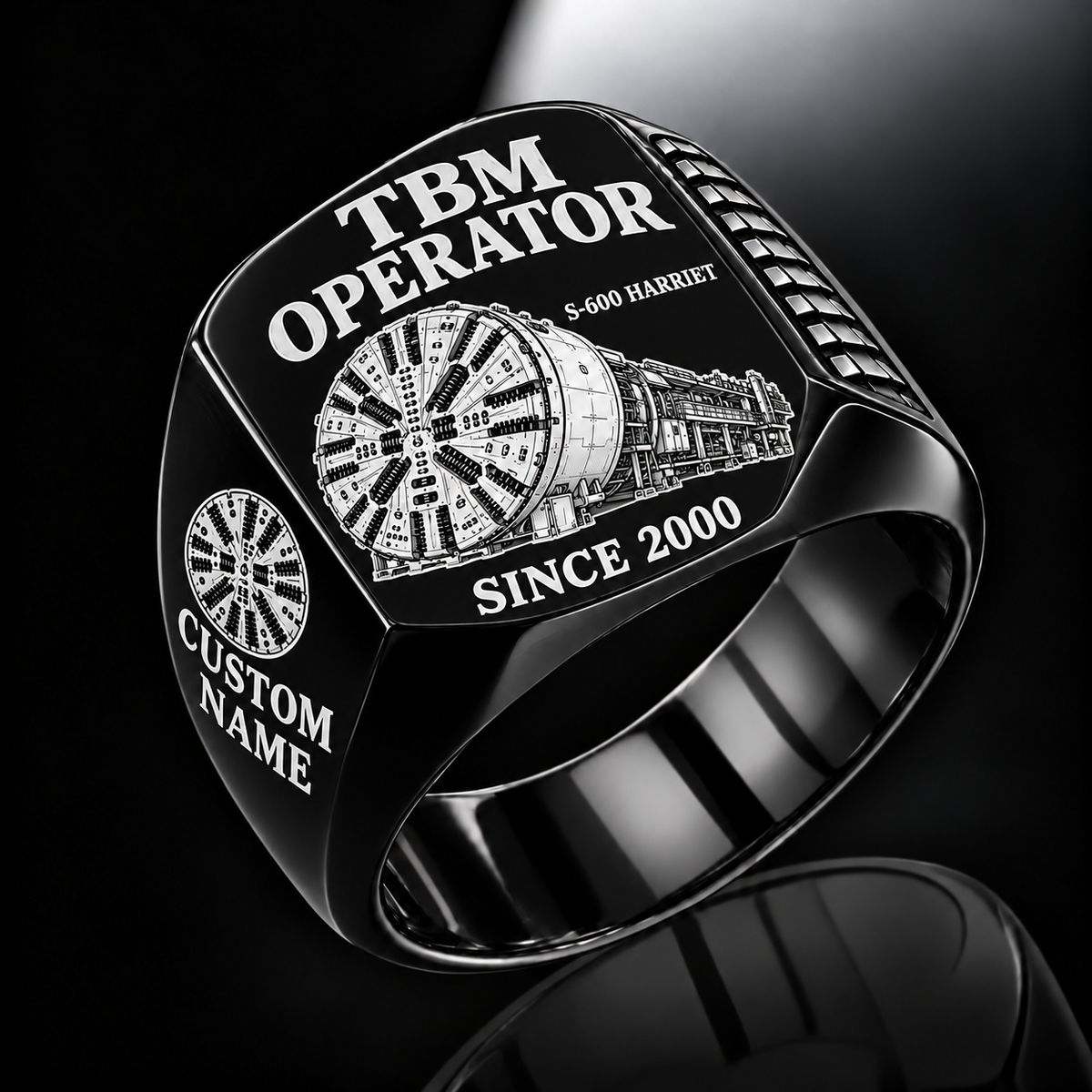 Black personalized S-600 HARRIET tunnel boring machine operator signet ring with original unbranded machinery, CUSTOM NAME and SINCE 2000.