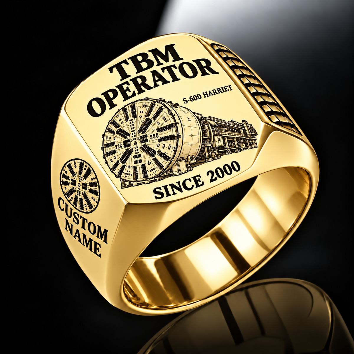 Gold personalized S-600 HARRIET tunnel boring machine operator signet ring with original unbranded machinery, CUSTOM NAME and SINCE 2000.