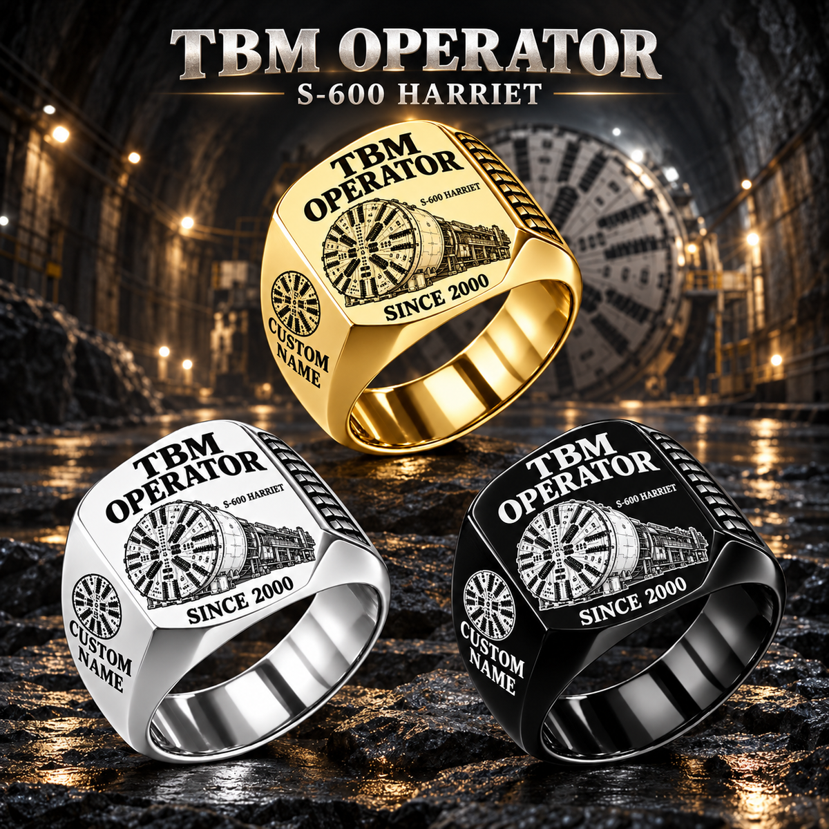 Hero personalized S-600 HARRIET tunnel boring machine operator signet ring with original unbranded machinery, CUSTOM NAME and SINCE 2000.