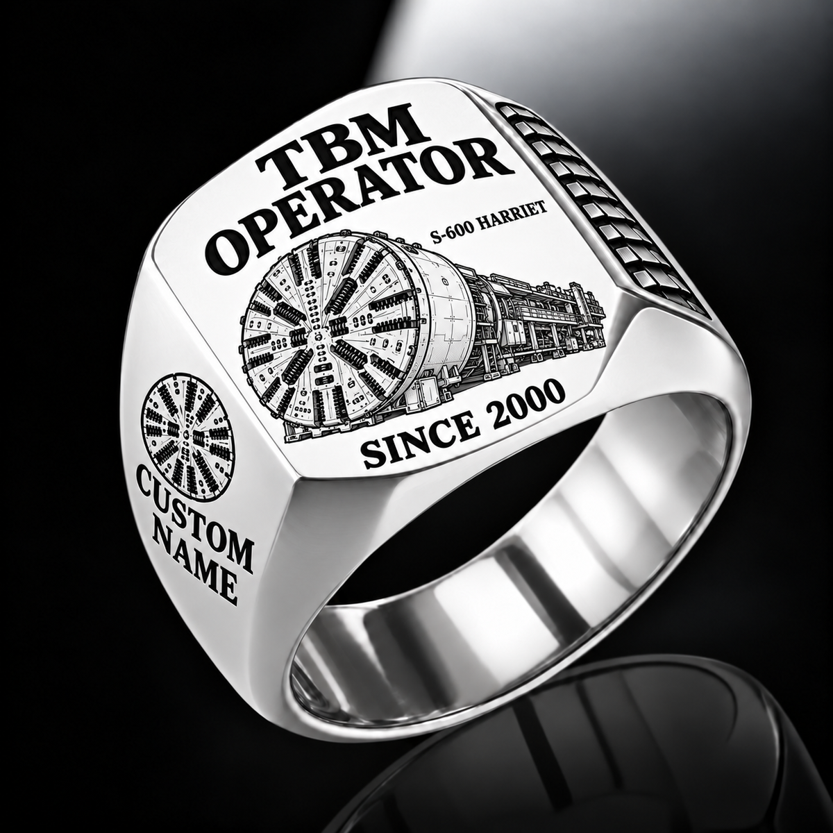 Silver personalized S-600 HARRIET tunnel boring machine operator signet ring with original unbranded machinery, CUSTOM NAME and SINCE 2000.