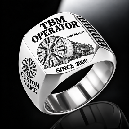 Silver personalized S-600 HARRIET tunnel boring machine operator signet ring with original unbranded machinery, CUSTOM NAME and SINCE 2000.