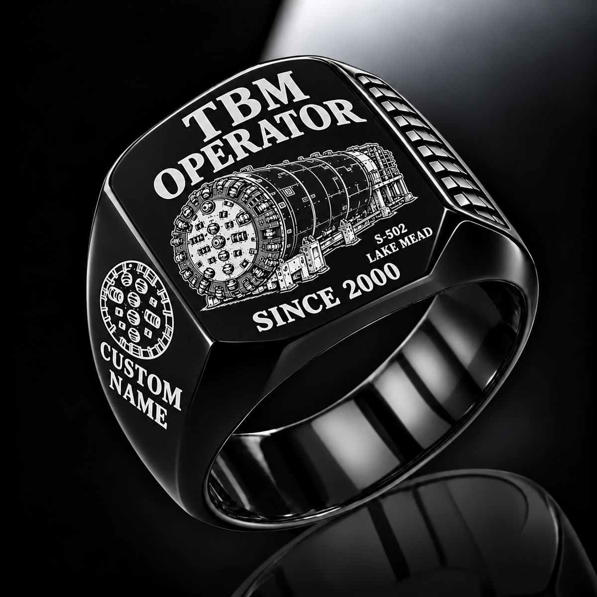 Black personalized S-502 LAKE MEAD tunnel boring machine operator signet ring with original unbranded machinery, CUSTOM NAME and SINCE 2000.