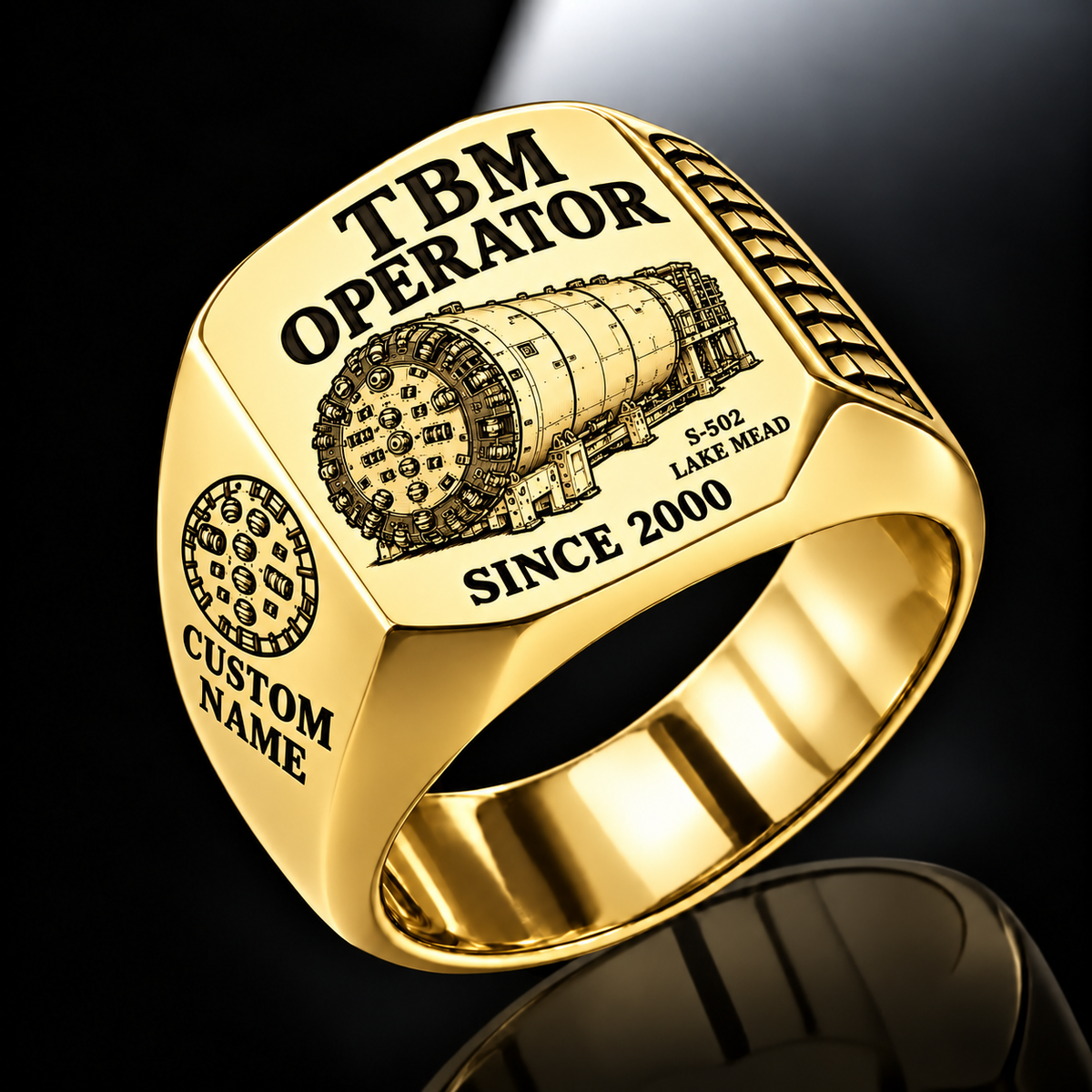 Gold personalized S-502 LAKE MEAD tunnel boring machine operator signet ring with original unbranded machinery, CUSTOM NAME and SINCE 2000.