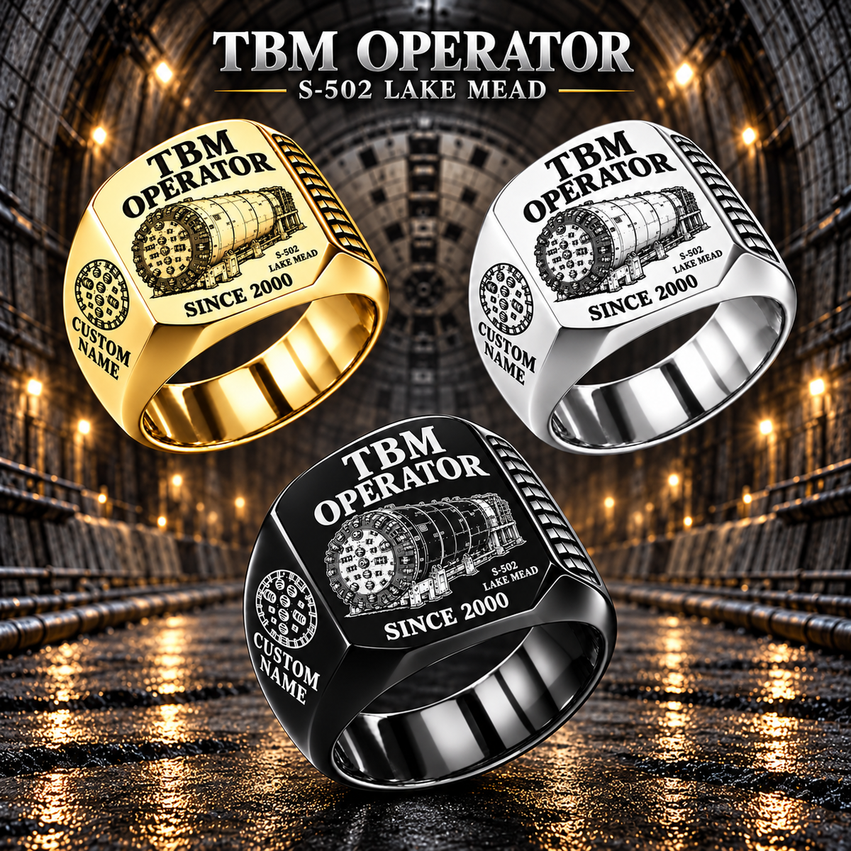 Hero personalized S-502 LAKE MEAD tunnel boring machine operator signet ring with original unbranded machinery, CUSTOM NAME and SINCE 2000.
