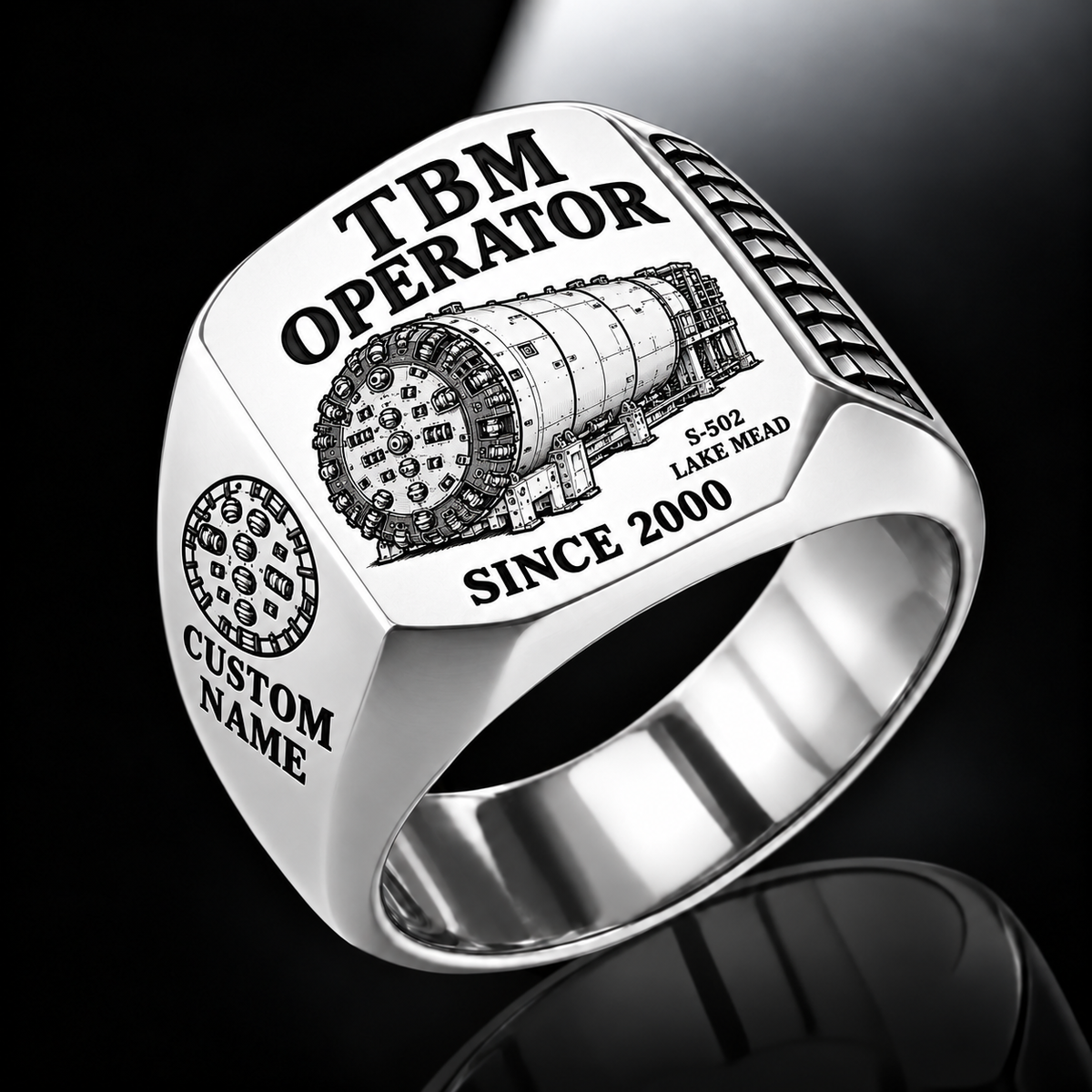 Silver personalized S-502 LAKE MEAD tunnel boring machine operator signet ring with original unbranded machinery, CUSTOM NAME and SINCE 2000.