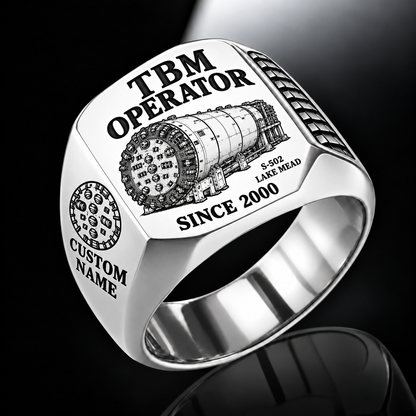 Silver personalized S-502 LAKE MEAD tunnel boring machine operator signet ring with original unbranded machinery, CUSTOM NAME and SINCE 2000.