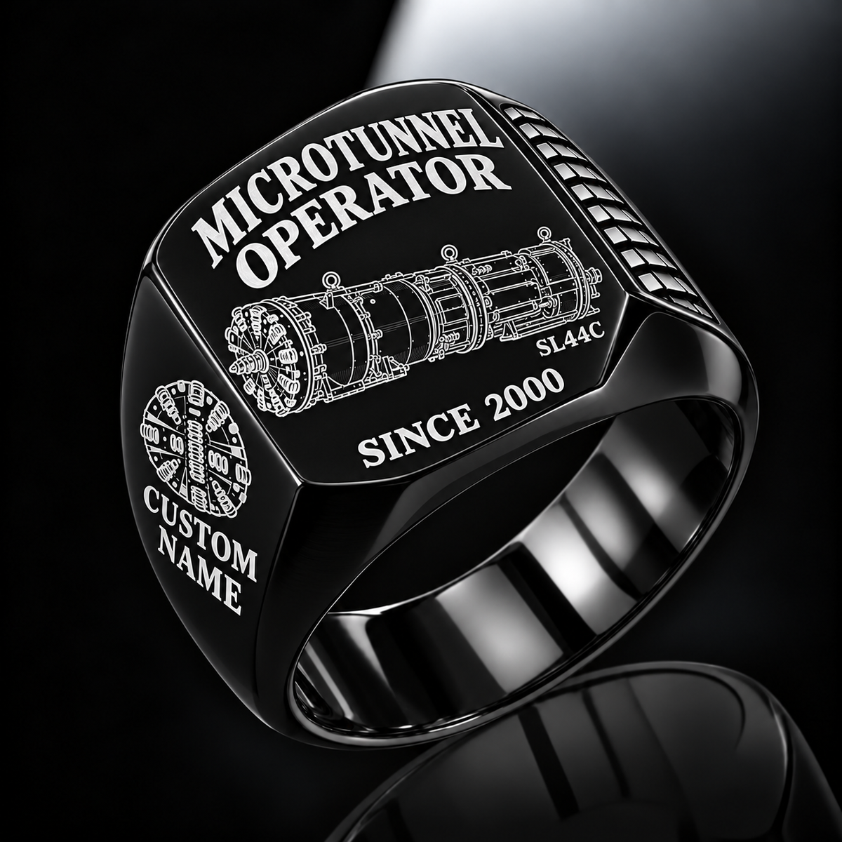Black personalized SL44C microtunnelling operator signet ring with original unbranded machinery, CUSTOM NAME and SINCE 2000.