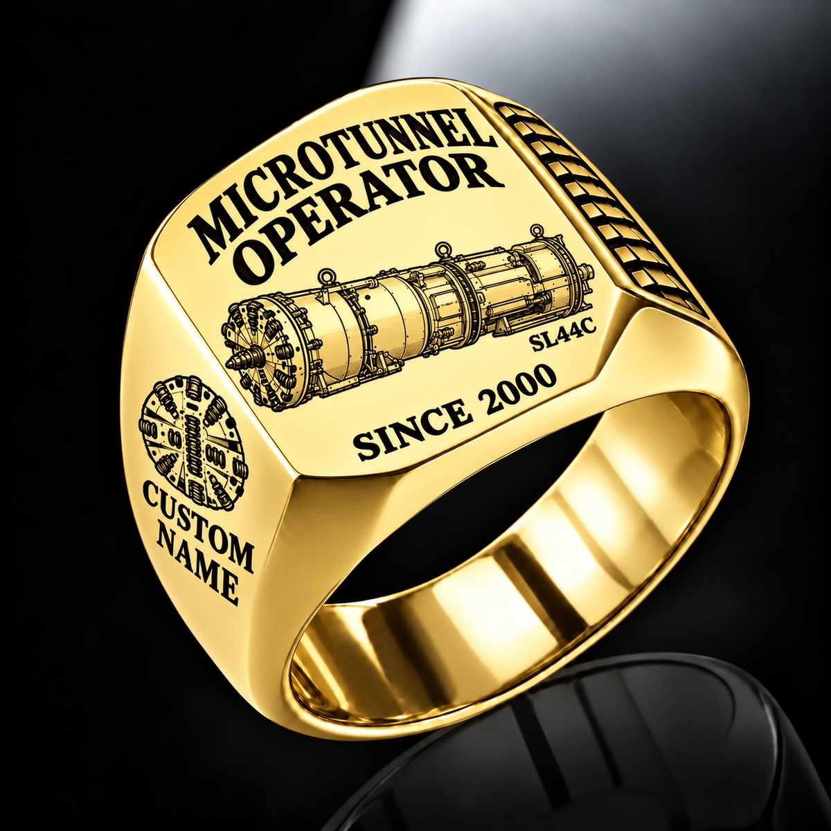 Gold personalized SL44C microtunnelling operator signet ring with original unbranded machinery, CUSTOM NAME and SINCE 2000.