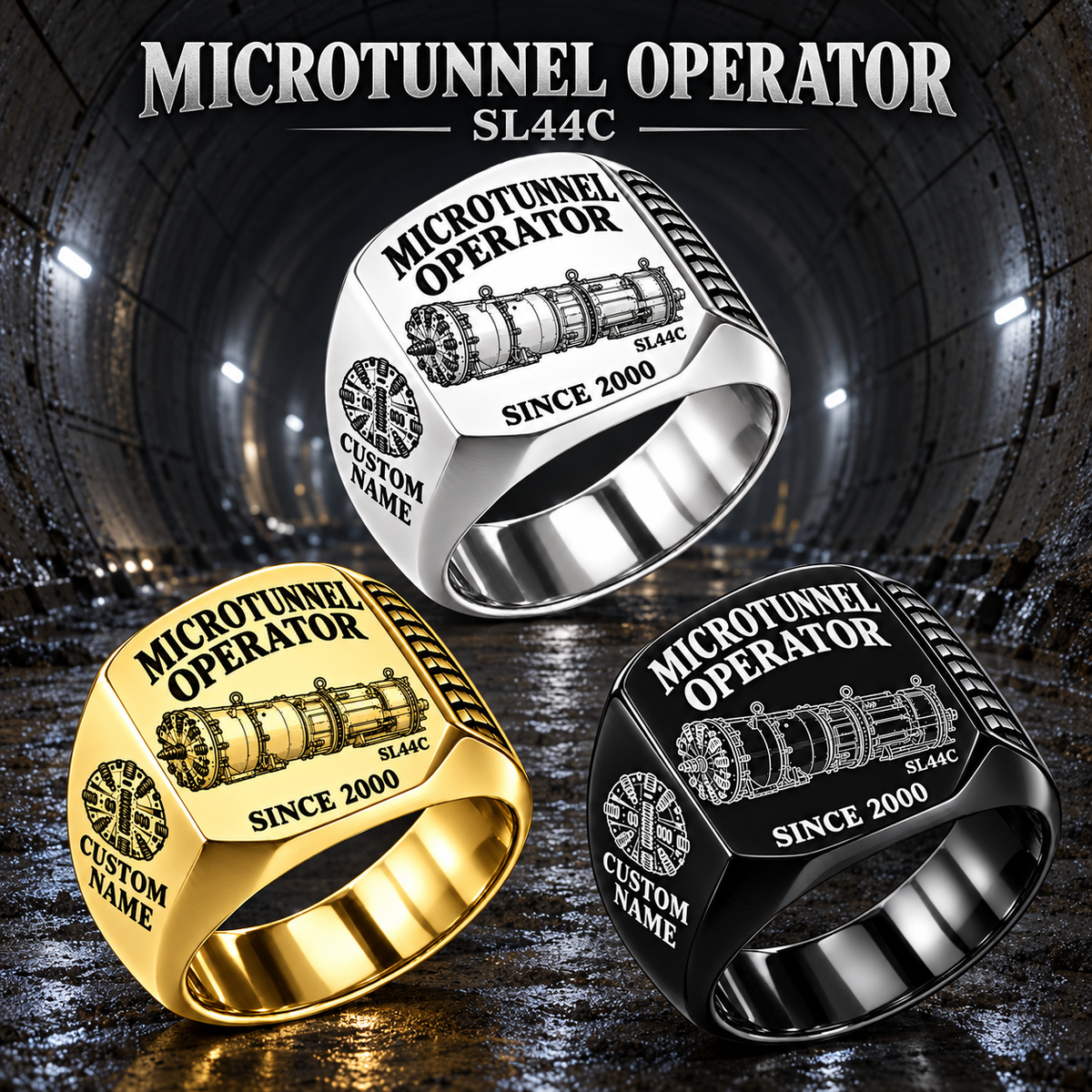 Hero personalized SL44C microtunnelling operator signet ring with original unbranded machinery, CUSTOM NAME and SINCE 2000.