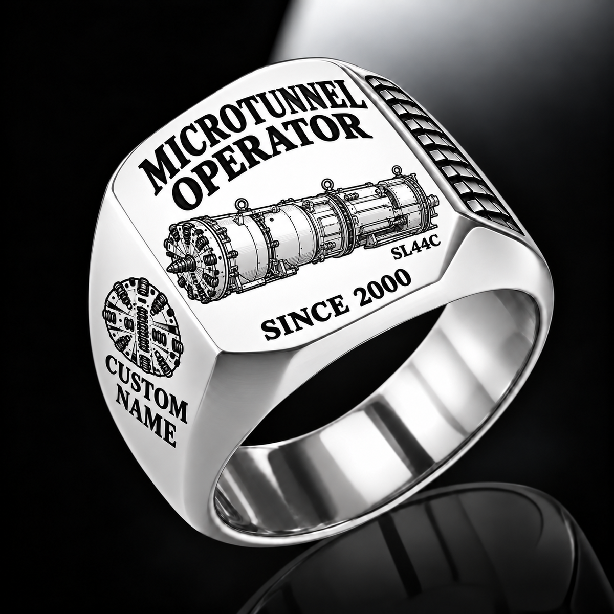 Silver personalized SL44C microtunnelling operator signet ring with original unbranded machinery, CUSTOM NAME and SINCE 2000.