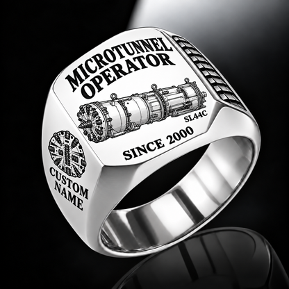 Silver personalized SL44C microtunnelling operator signet ring with original unbranded machinery, CUSTOM NAME and SINCE 2000.