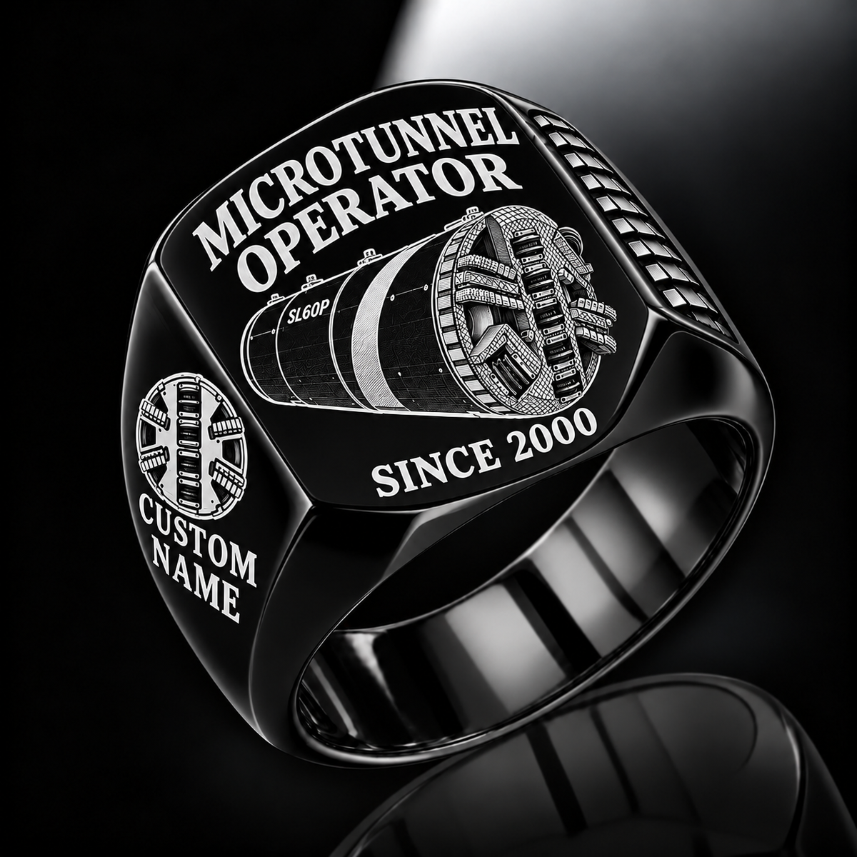 Black personalized SL60P microtunnelling operator signet ring with original unbranded machinery, CUSTOM NAME and SINCE 2000.