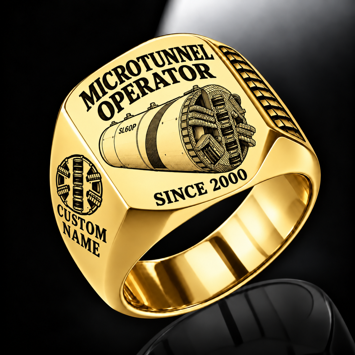 Gold personalized SL60P microtunnelling operator signet ring with original unbranded machinery, CUSTOM NAME and SINCE 2000.