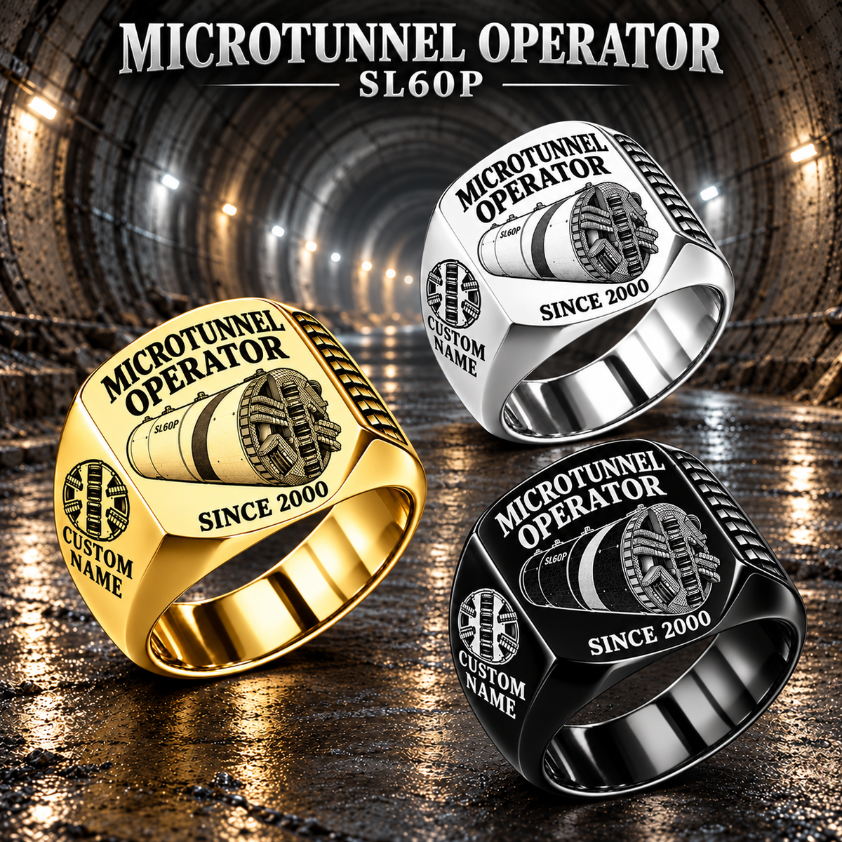 Hero personalized SL60P microtunnelling operator signet ring with original unbranded machinery, CUSTOM NAME and SINCE 2000.