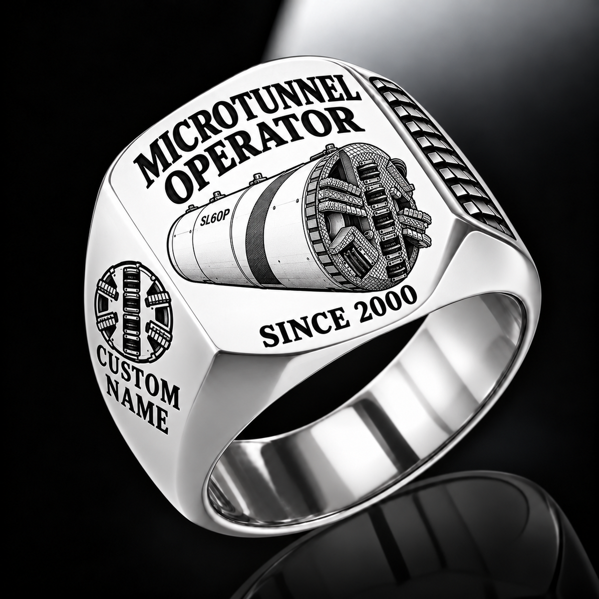 Silver personalized SL60P microtunnelling operator signet ring with original unbranded machinery, CUSTOM NAME and SINCE 2000.