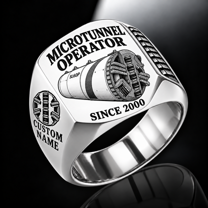 Silver personalized SL60P microtunnelling operator signet ring with original unbranded machinery, CUSTOM NAME and SINCE 2000.