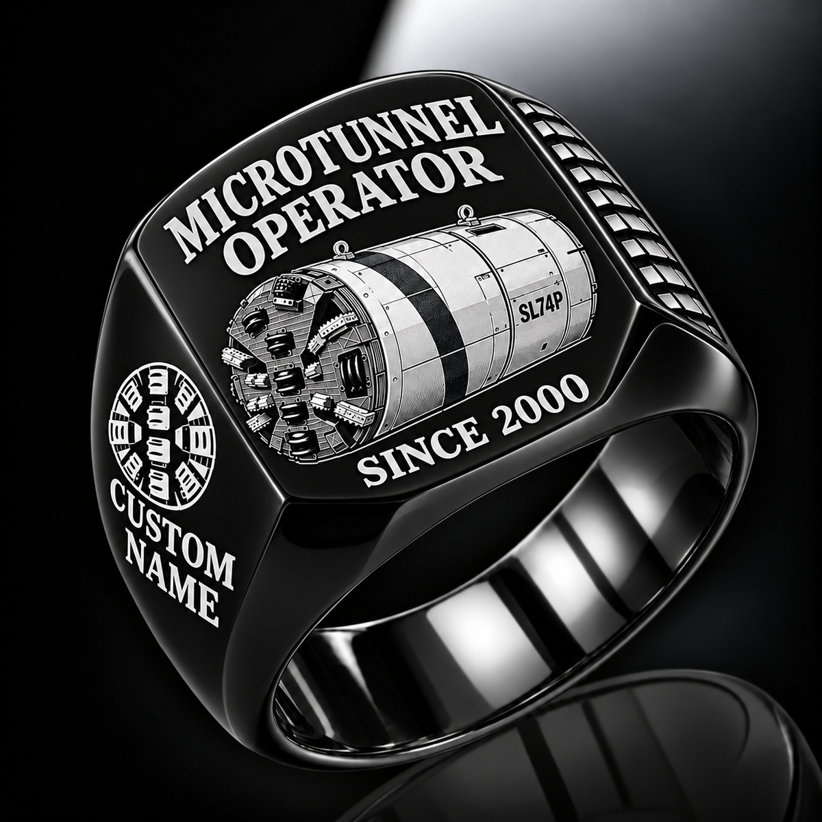 Black personalized SL74P microtunnelling operator signet ring with original unbranded machinery, CUSTOM NAME and SINCE 2000.