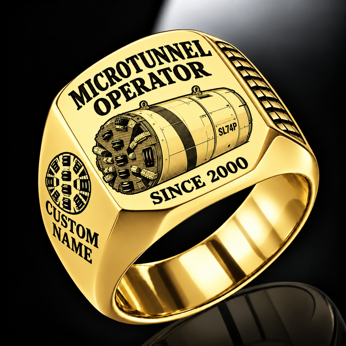 Gold personalized SL74P microtunnelling operator signet ring with original unbranded machinery, CUSTOM NAME and SINCE 2000.