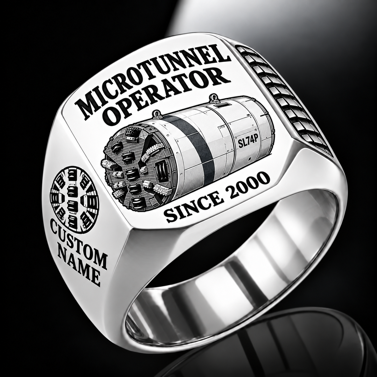 Silver personalized SL74P microtunnelling operator signet ring with original unbranded machinery, CUSTOM NAME and SINCE 2000.