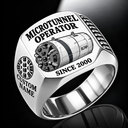 Silver personalized SL74P microtunnelling operator signet ring with original unbranded machinery, CUSTOM NAME and SINCE 2000.
