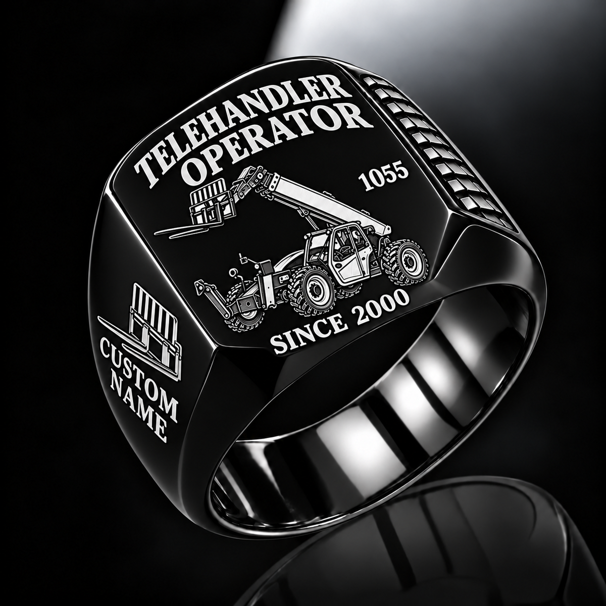 Black personalized 1055 telehandler operator signet ring with original unbranded machinery, CUSTOM NAME and SINCE 2000.