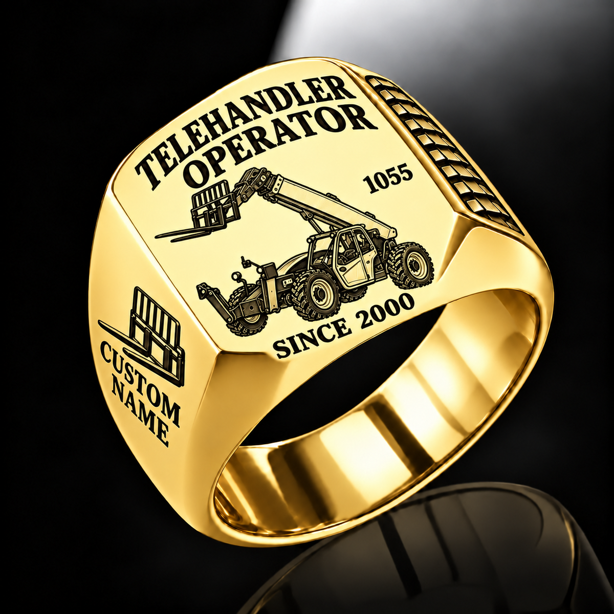 Gold personalized 1055 telehandler operator signet ring with original unbranded machinery, CUSTOM NAME and SINCE 2000.