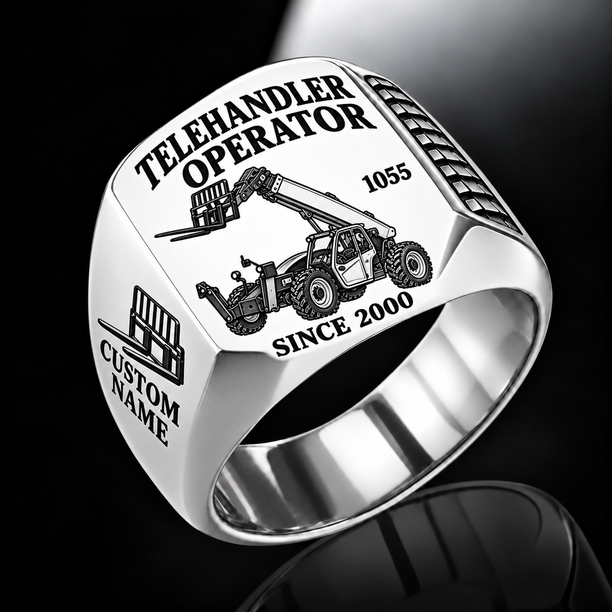 Silver personalized 1055 telehandler operator signet ring with original unbranded machinery, CUSTOM NAME and SINCE 2000.