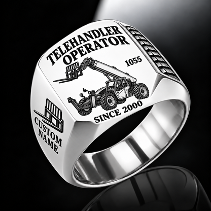 Silver personalized 1055 telehandler operator signet ring with original unbranded machinery, CUSTOM NAME and SINCE 2000.