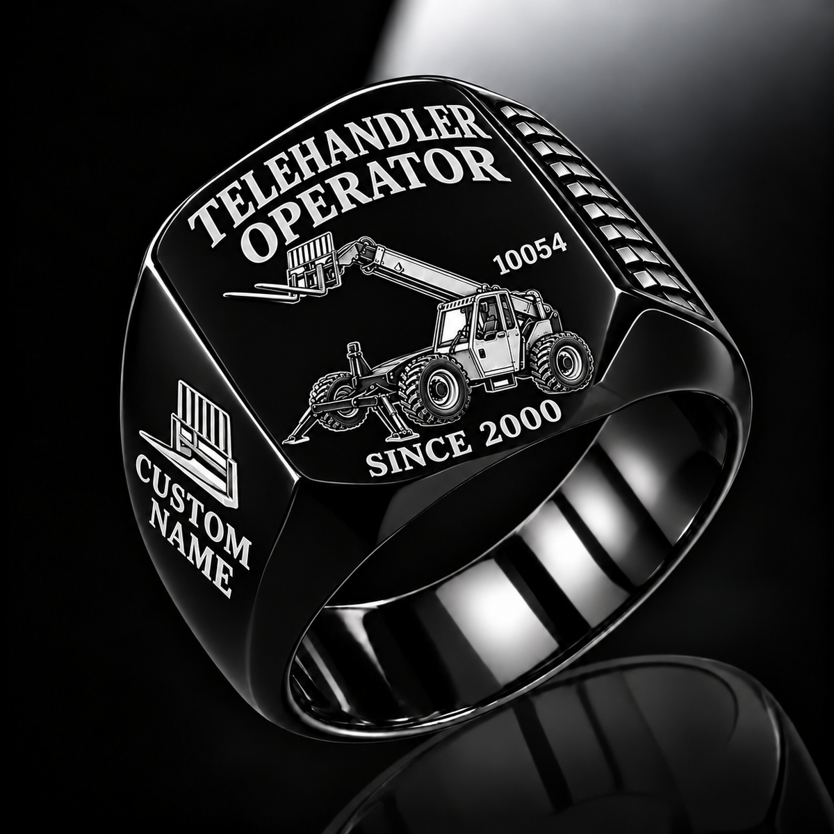 Black personalized 10054 telehandler operator signet ring with original unbranded machinery, CUSTOM NAME and SINCE 2000.