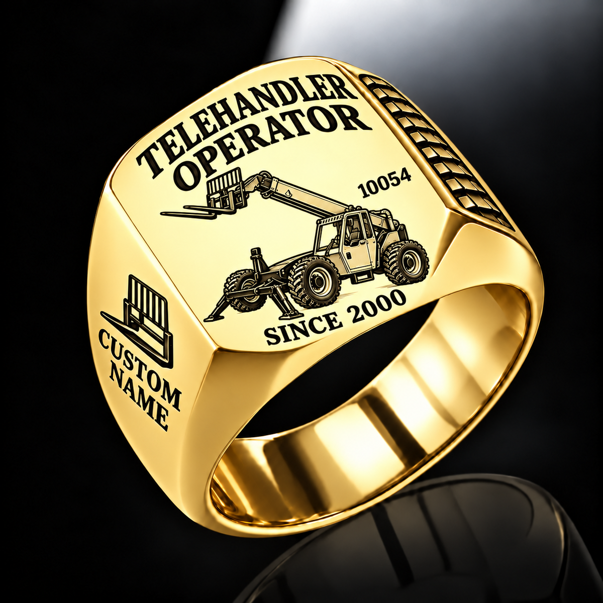 Gold personalized 10054 telehandler operator signet ring with original unbranded machinery, CUSTOM NAME and SINCE 2000.