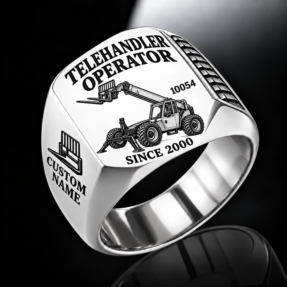 Silver personalized 10054 telehandler operator signet ring with original unbranded machinery, CUSTOM NAME and SINCE 2000.